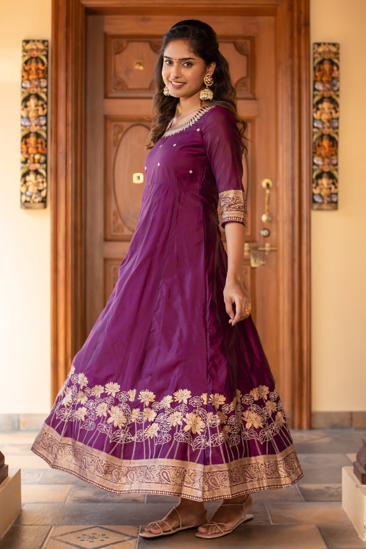 Geometric Embroidered with Foil Mirror Floral Paisley Printed Anarkali Purple