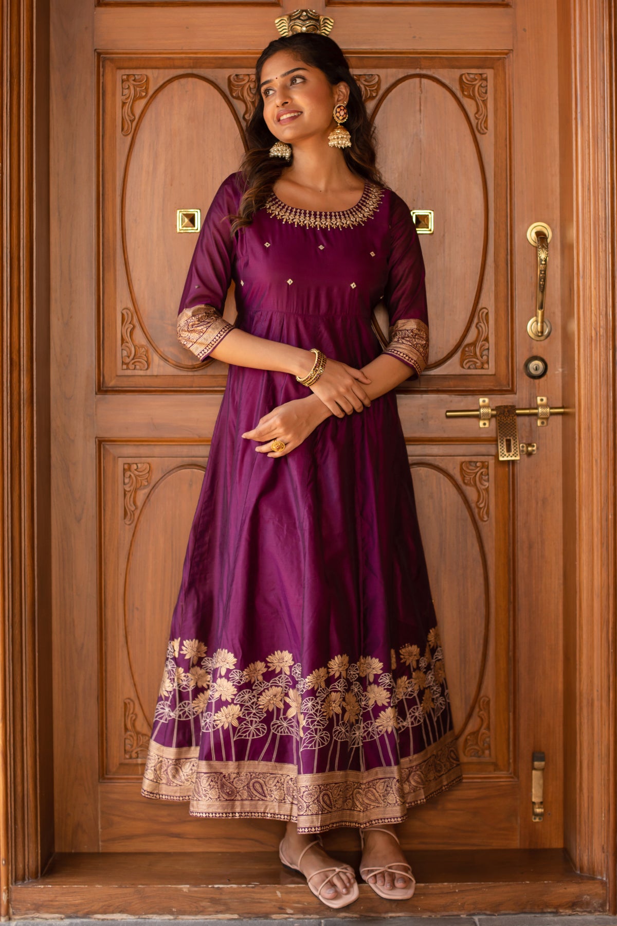 Geometric Embroidered with Foil Mirror Floral Paisley Printed Anarkali Purple