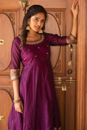 Geometric Embroidered with Foil Mirror Floral Paisley Printed Anarkali Purple