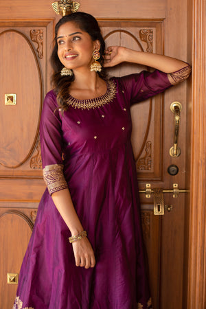 Geometric Embroidered with Foil Mirror Floral Paisley Printed Anarkali Purple