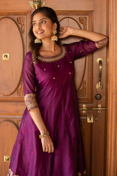 Geometric Embroidered with Foil Mirror & Floral & Paisley Printed Anarkali -Purple
