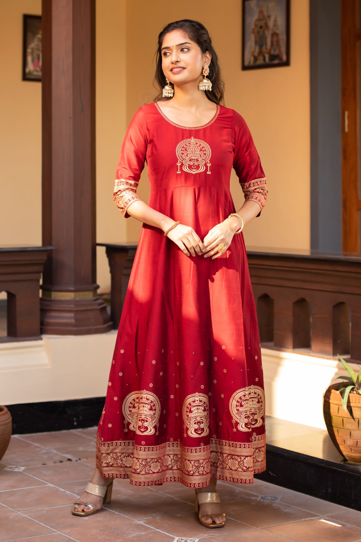 Kathakali Motif Placement Embroidered Printed Anarkali Maroon