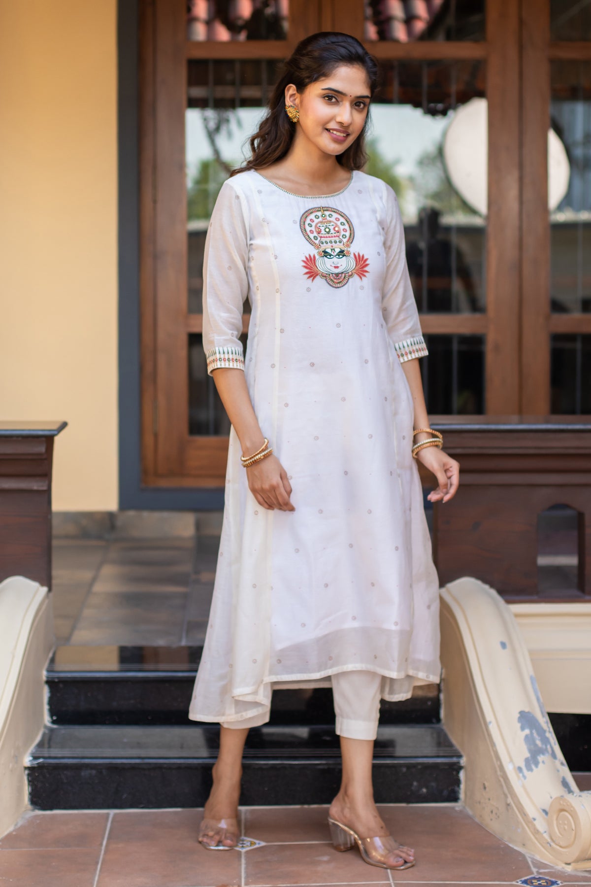 Kathakali Motif Placement Embroidered Asymmetric Kurta White