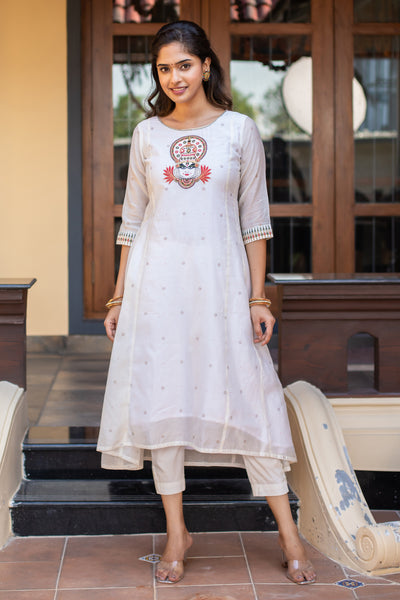 Kathakali Motif Placement Embroidered Asymmetric Kurta - White