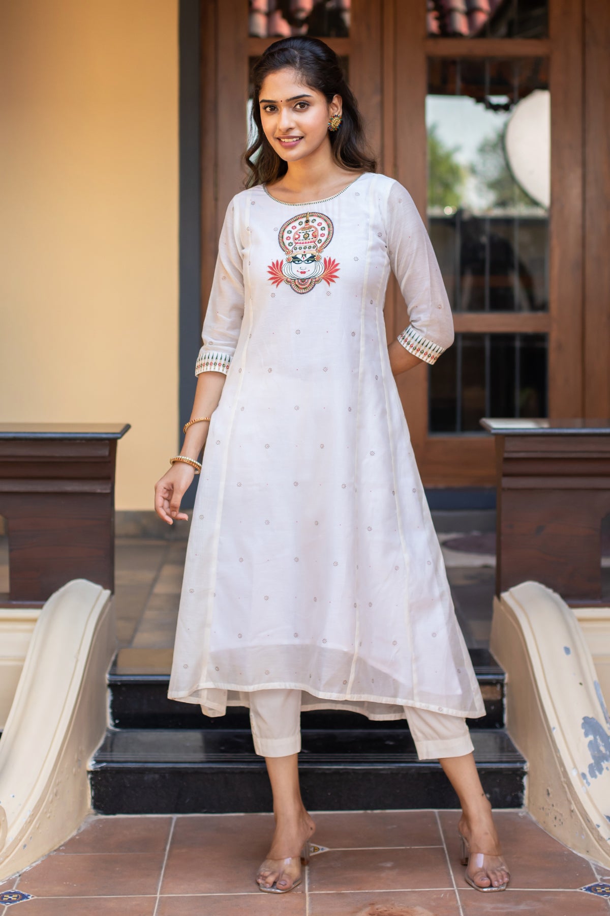 Kathakali Motif Placement Embroidered Asymmetric Kurta White