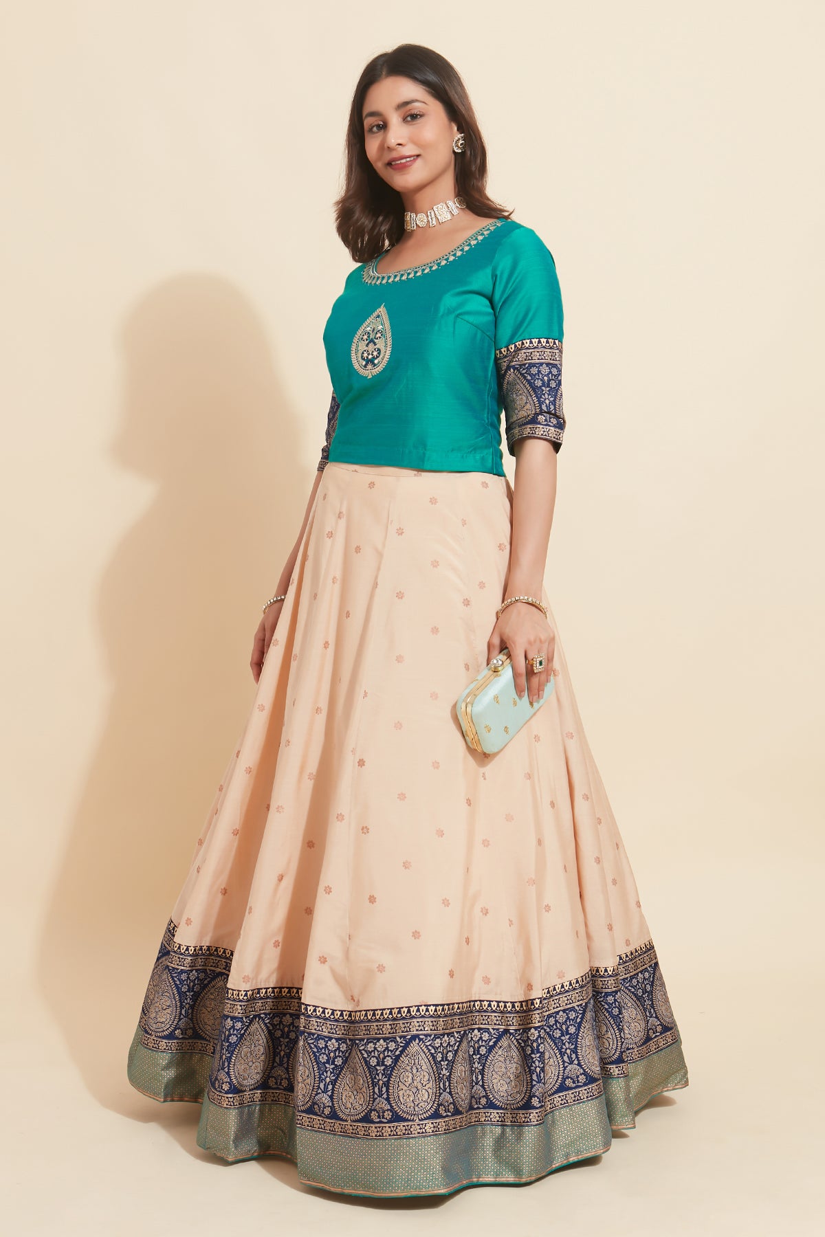 Thilagam Placemnet Embroidered Top & Floral Printed Skirt Set - Green & Beige