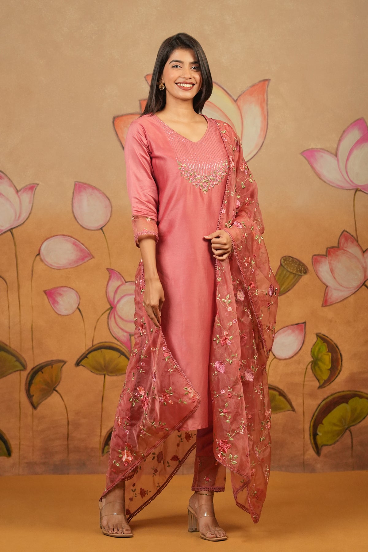 Floral & Bead Embroidered Yoke Kurta Set With Allover Floral Embroidered Organza Dupatta - Peach