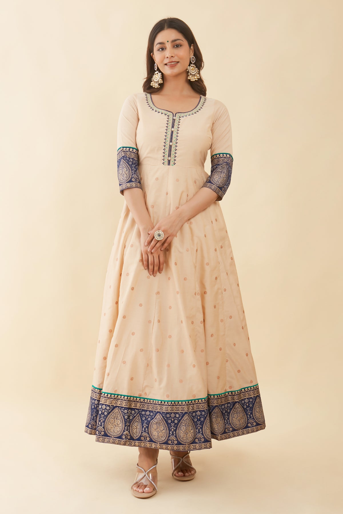 Floral Embroidered Neckline With Printed Anarkali Beige