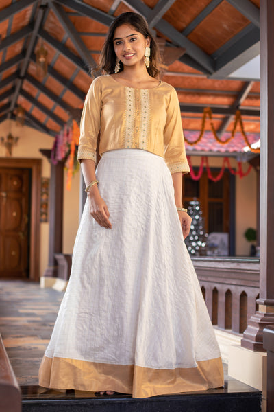 Floral Motif Embroidered With Sequin Crop Top &  Vallam Kali Printed Skirt Set - Gold & Off-White
