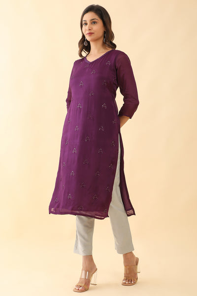 All Over Floral Embroidered With Foil Mirror Embellished Kurta - Purple