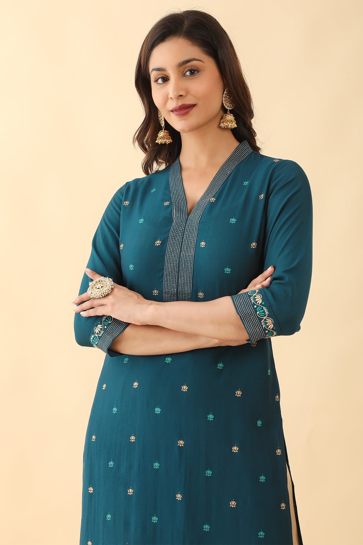 All Over Lotus Printed Embroidered Kurta Blue