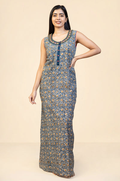 All Over Ajrak Printed Floral Embroidered Sleeveless Nighty - Blue