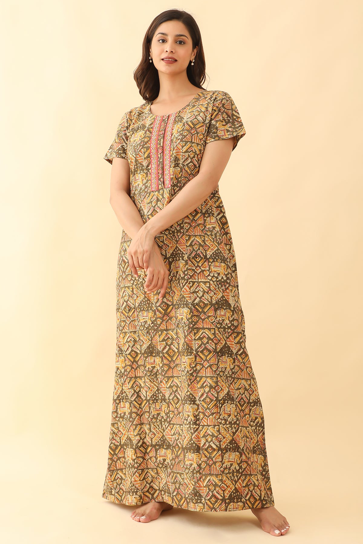 Geometric Embroidered Kalamkari Nighty -Green