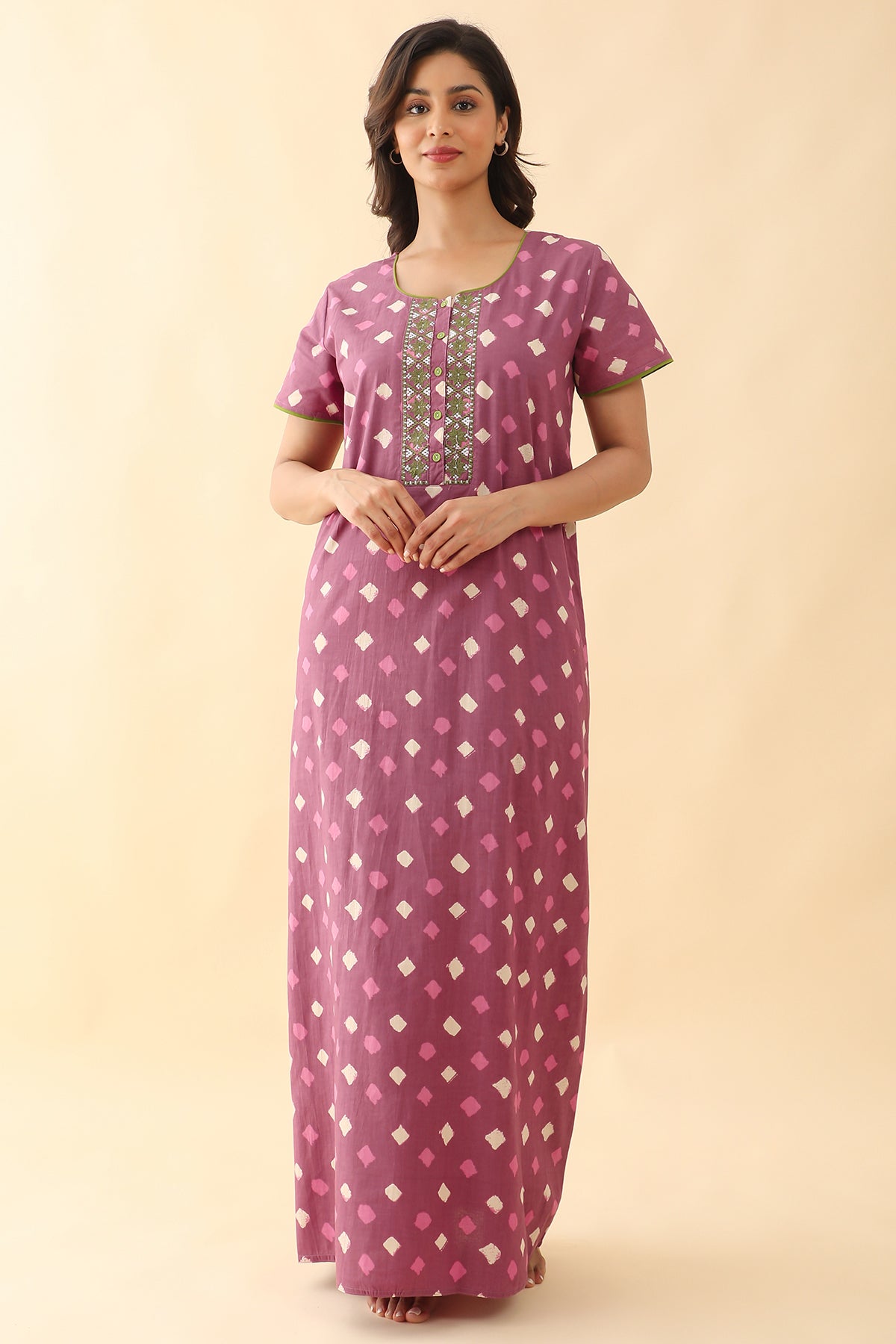 All Over Geometric Printed With Floral Embroidered Yoke Nighty - Pink