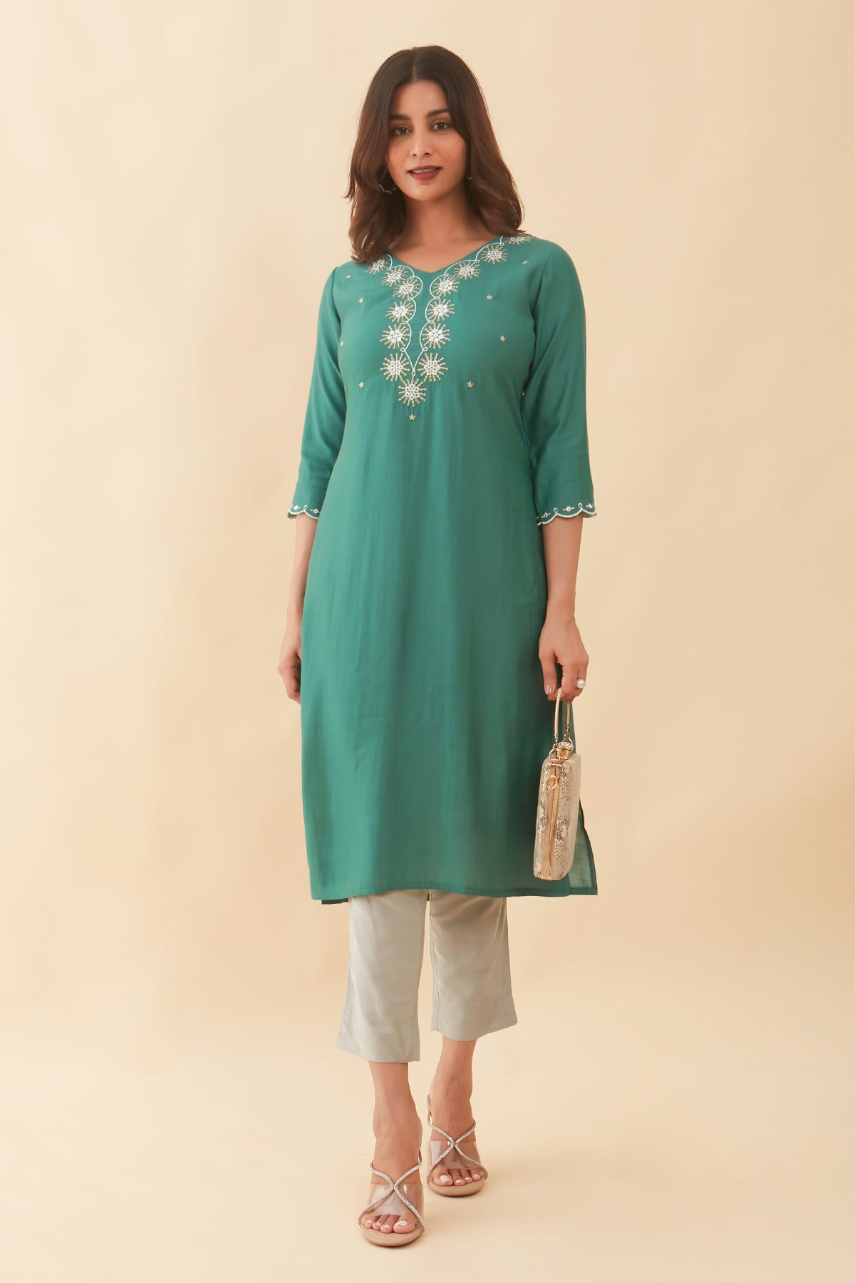 Floral Embroidered With Foil Mirror Embellished Kurta Green