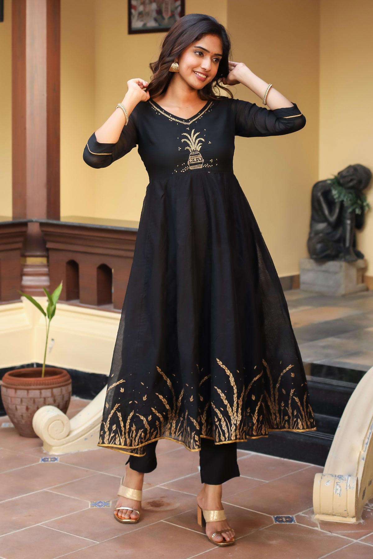 Nellunirapara Motif Embroidered Printed A Line Kurta Black