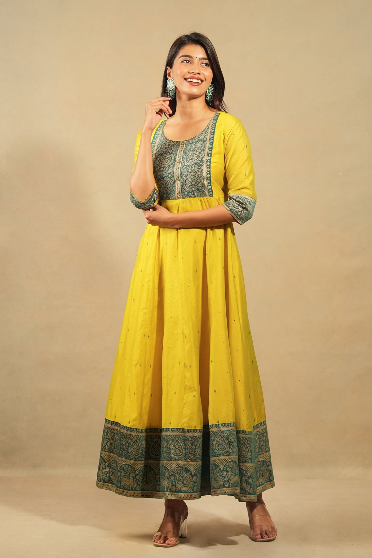 Embroidered Brocade Patchwork With Zari Border Anarkali Green