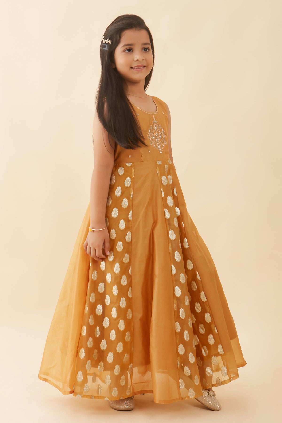 Floral Embroidered With Brocade Panel Anarkali - Mustard