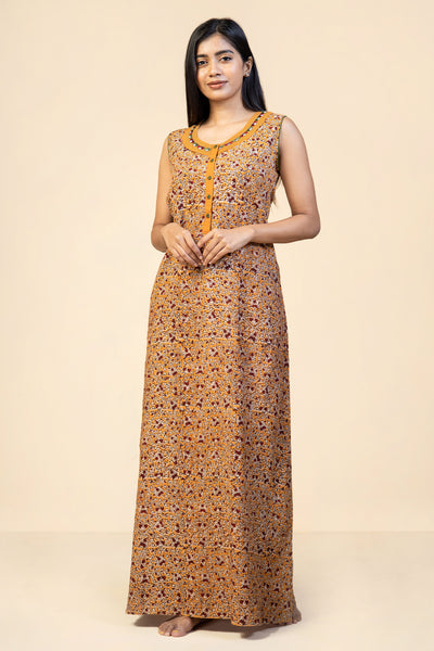 All Over Ajrak Printed Floral Embroidered Sleeveless Nighty - Mustard