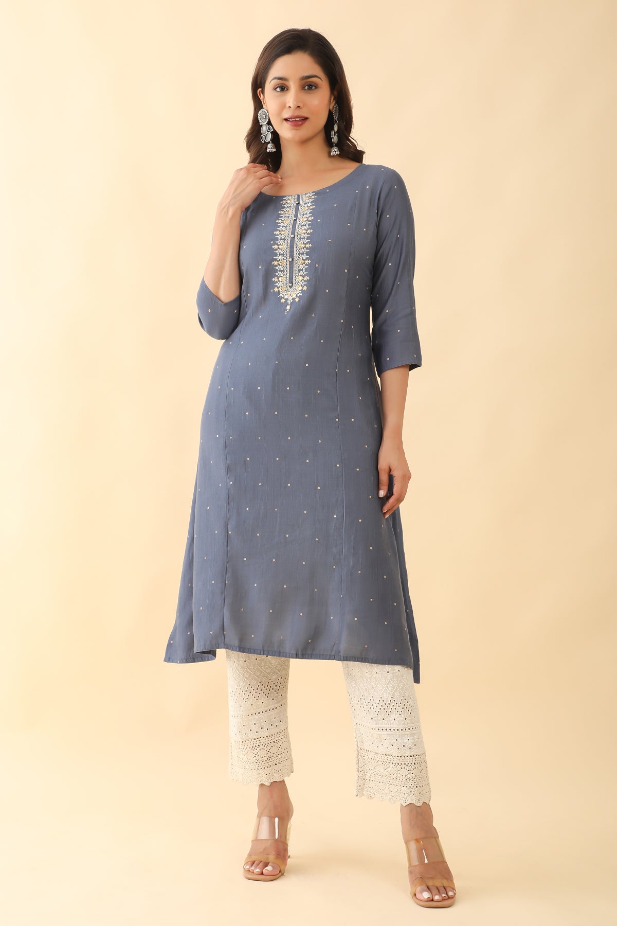 Foil Mirror Embellished With Floral Embroidered A-line Kurta - Grey