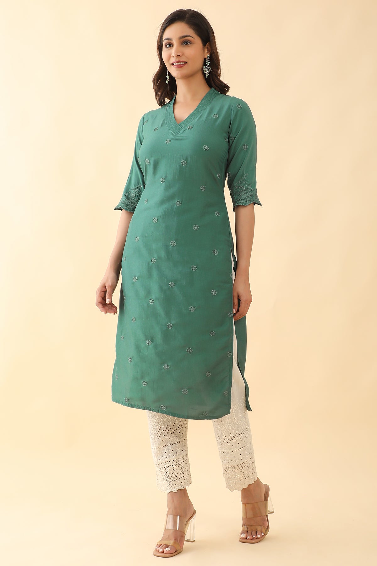 All Over Floral Embroidered Kurta - Green