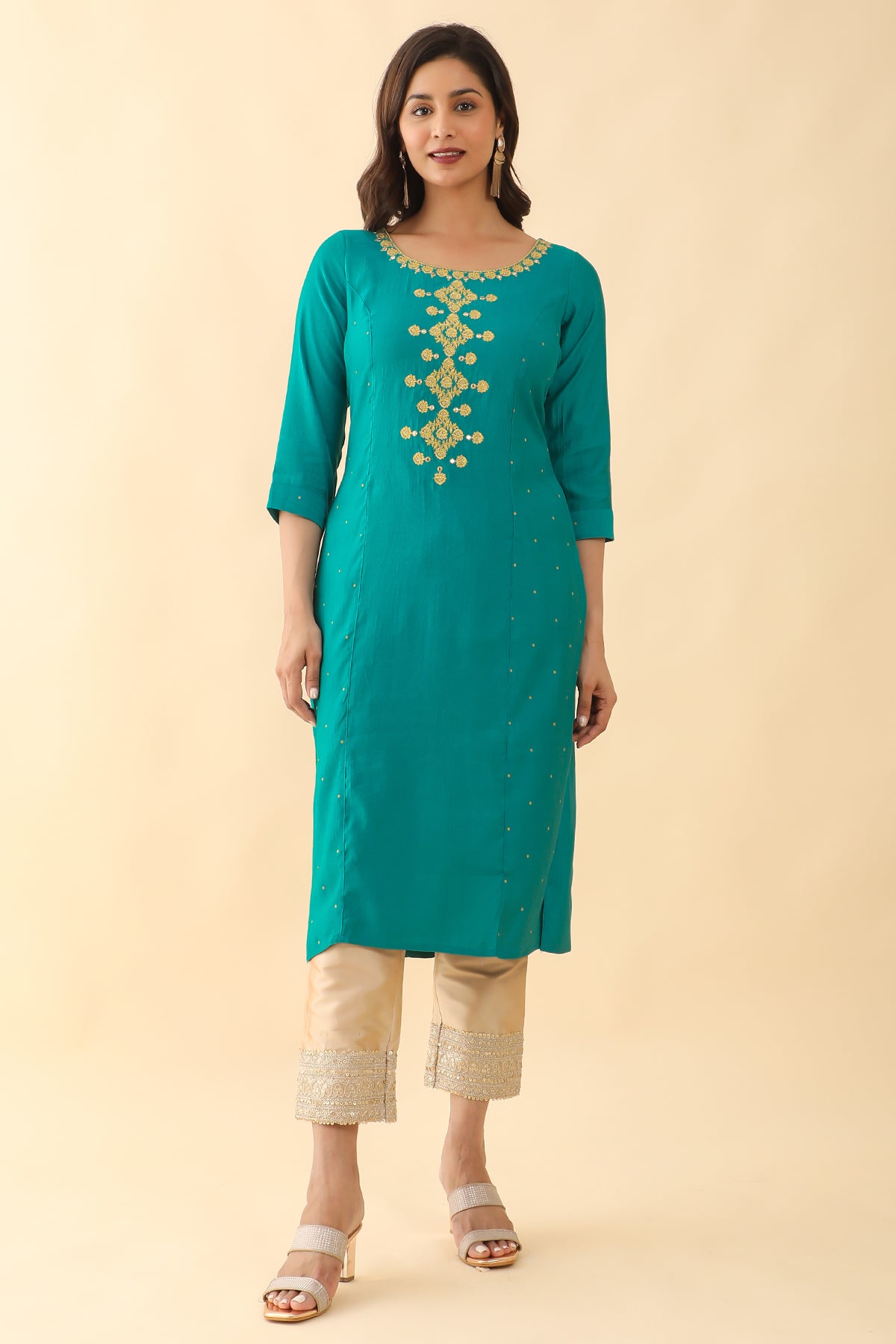 Contrast Floral Embroidered With Foil Mirror Embellished Kurta Blue