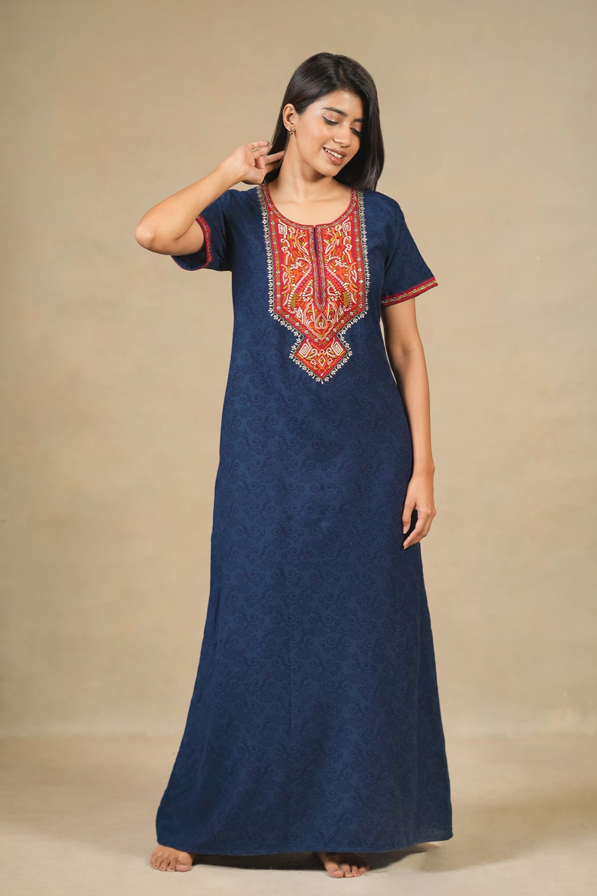 Geometric Embroidered Yoke With Floral Printed Nighty Blue