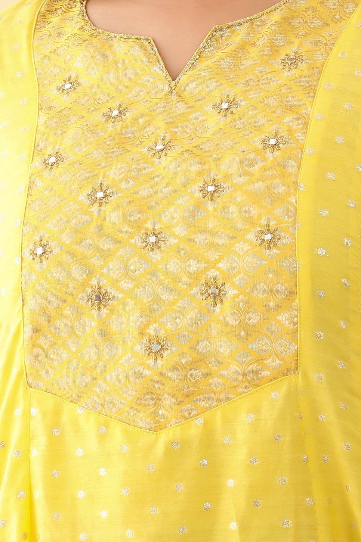 All Over Floral Weave With Brocade Yoke Anarkali Yellow