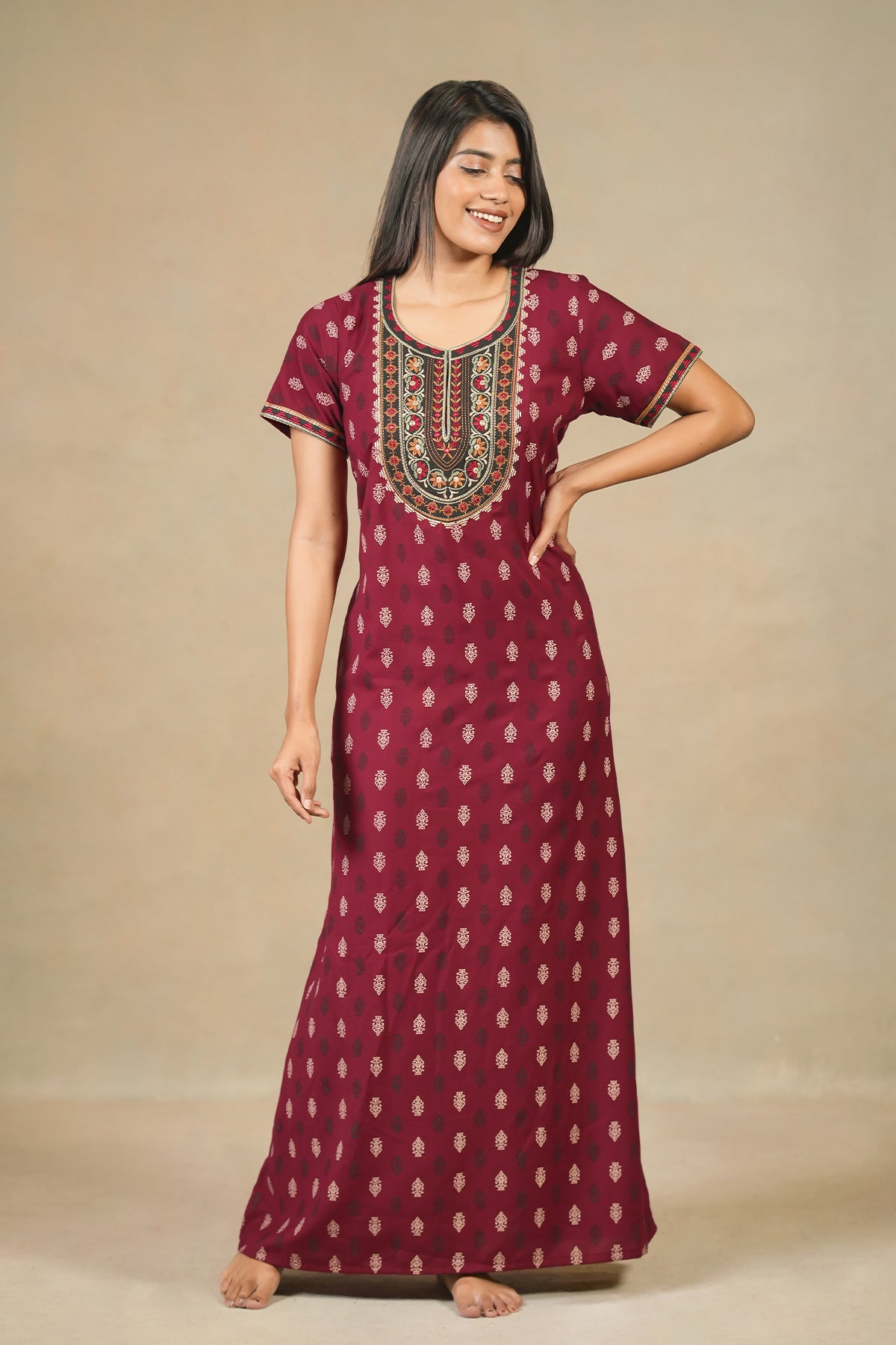 Floral Embroidered Yoke Printed Nighty Maroon