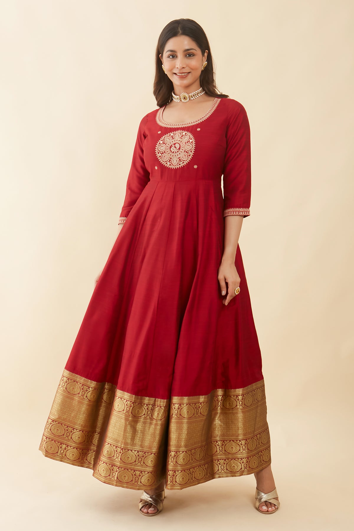 Peacock Motif Embroidered Placement With Silk Zari Border - Red