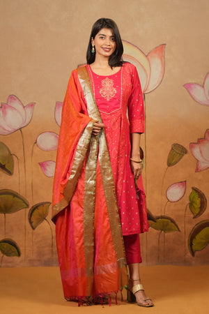 Paisley Embroidered Printed A Line Kurta Set Pink