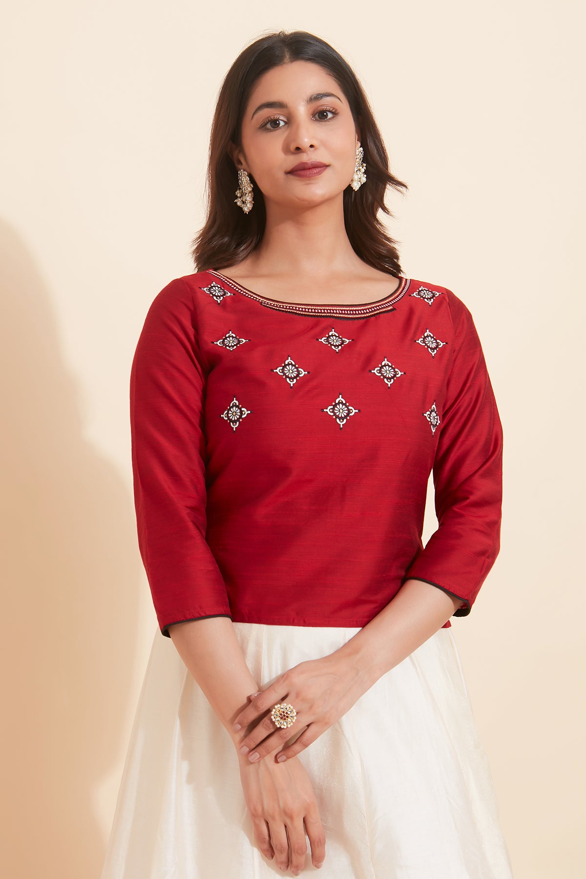 Geometric Embroidered Top With Contemporary Kathakali Printed Skirt Set Red White