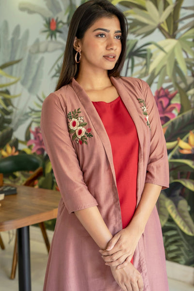 Floral Embroidered With Contrast Over Coat Solid Kurta - Pink & Red