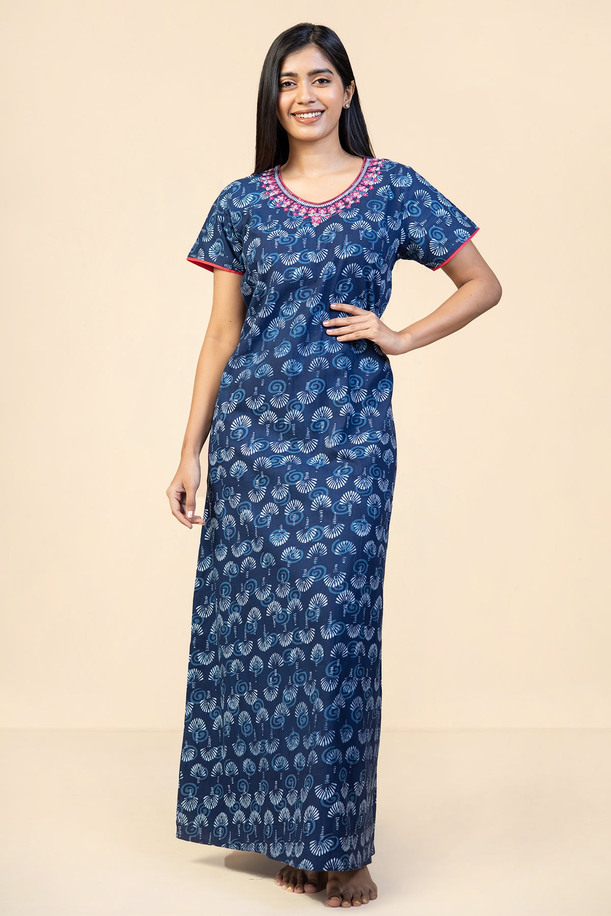All Over Block Printed With Floral Embroidered Nighty - Blue