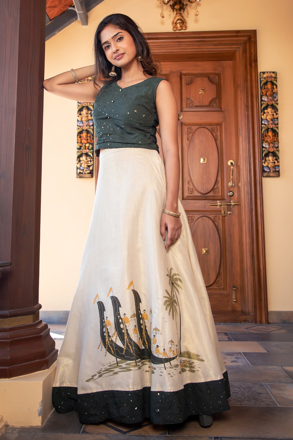 Floral Motif Embroidered With Sequin Crop Top Vallam Kali Printed Skirt Set Green Off White