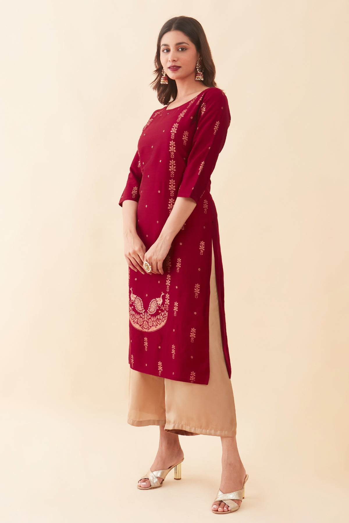 All Over Floral Printed With Stone Embellished  Kurta - Maroon