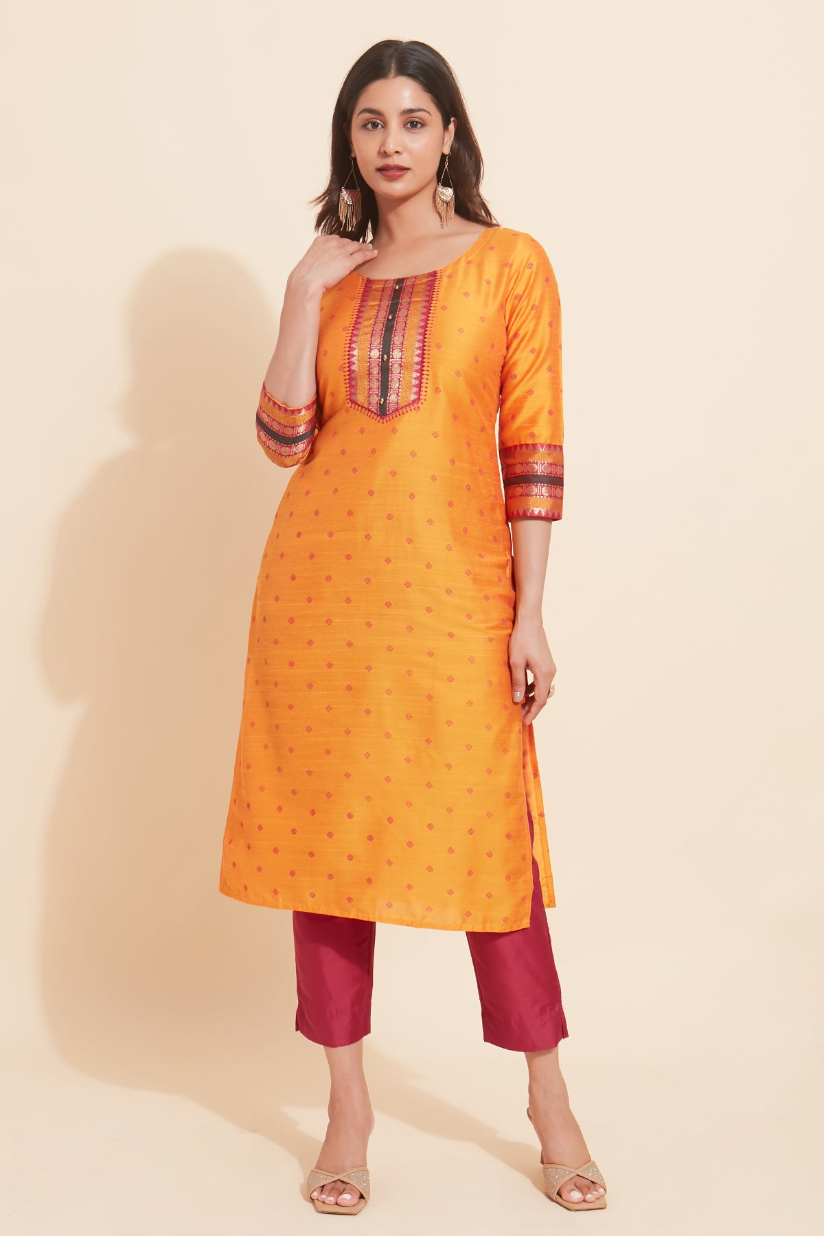 All Over Geometric Printed With Yoke Patchwork Kurta Yellow