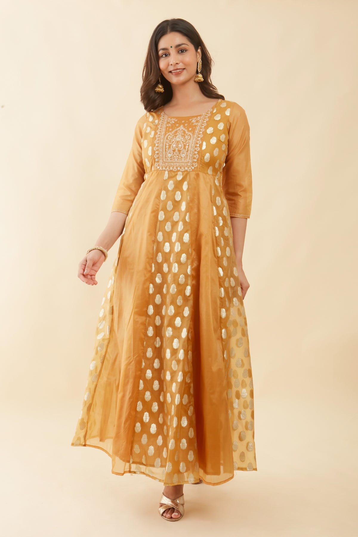 Floral Embroidered Yoke With Brocade Panelled Anarkali Mustard