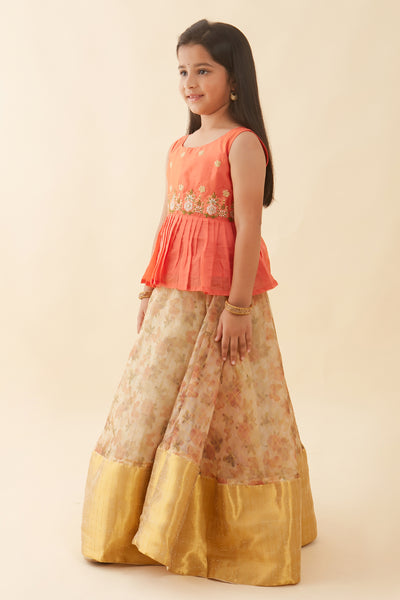 Butterfly Embroidered Top & Floral Printed Kids Skirt Set - Peach