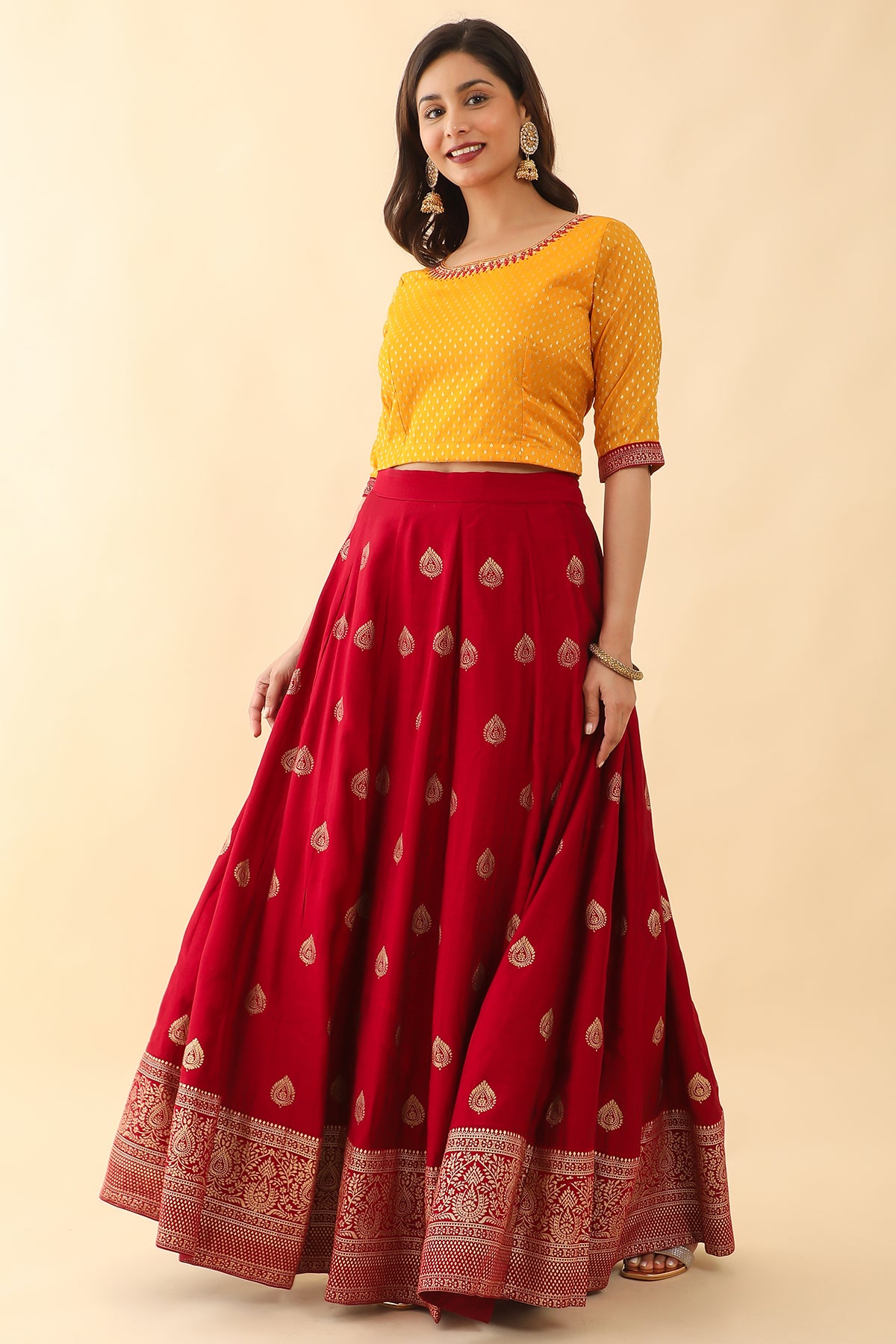 Floral Embroidered Borcade Top With Floral Motif Printed Skirt Set - Yellow & Red