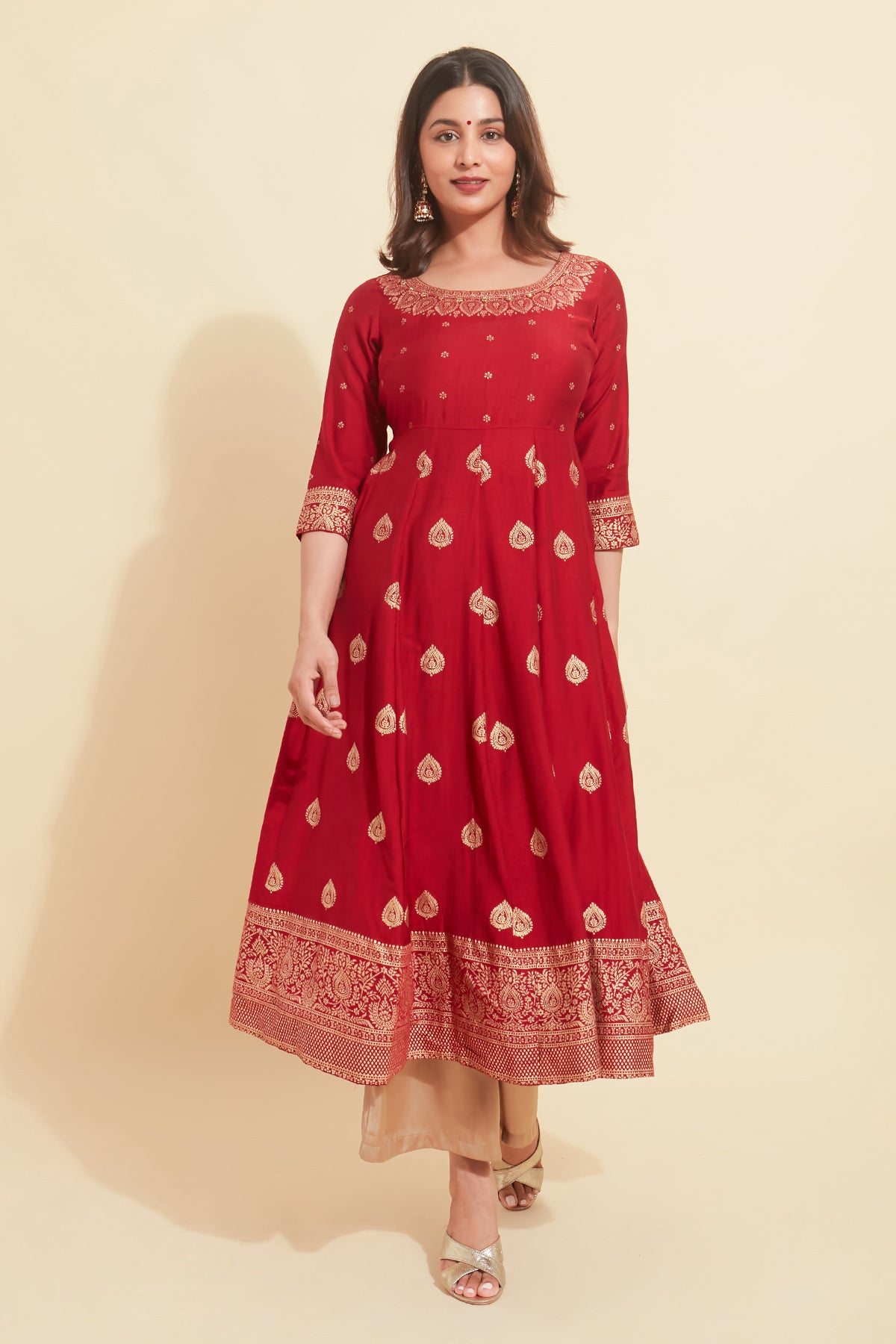 All Over Thilagam Motif Printed A line Kurta Red