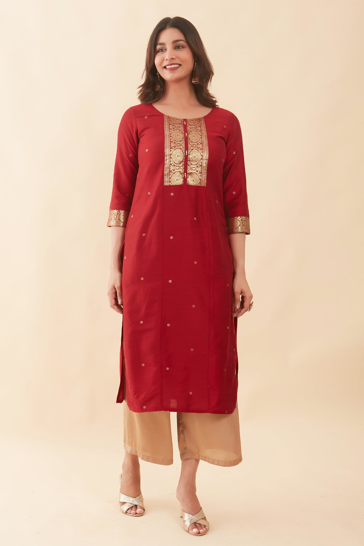 All Over Floral Printed Zari Patchwork Kurta - Red