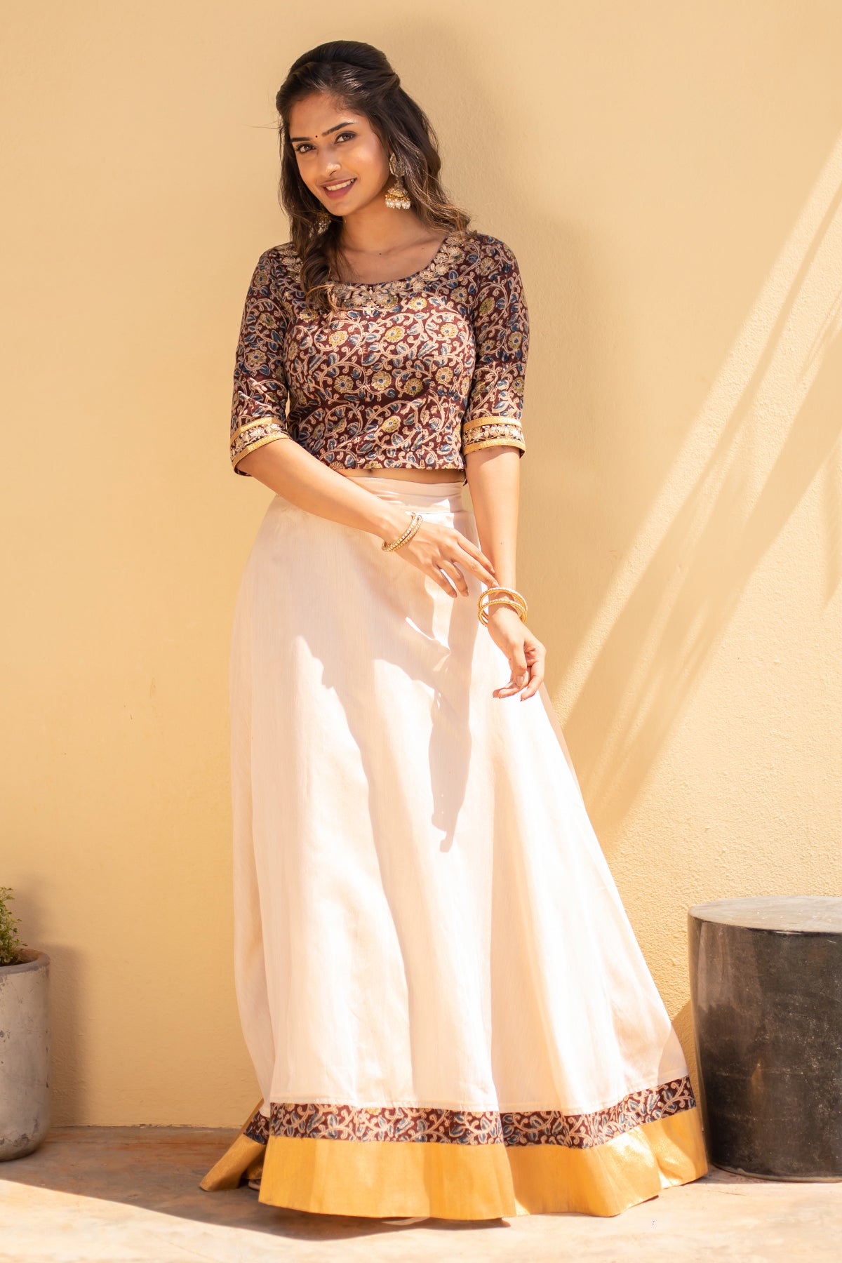 Kalamkari With Floral Embroidered Crop Top & Solid Skirt Set - Brown & Off-White