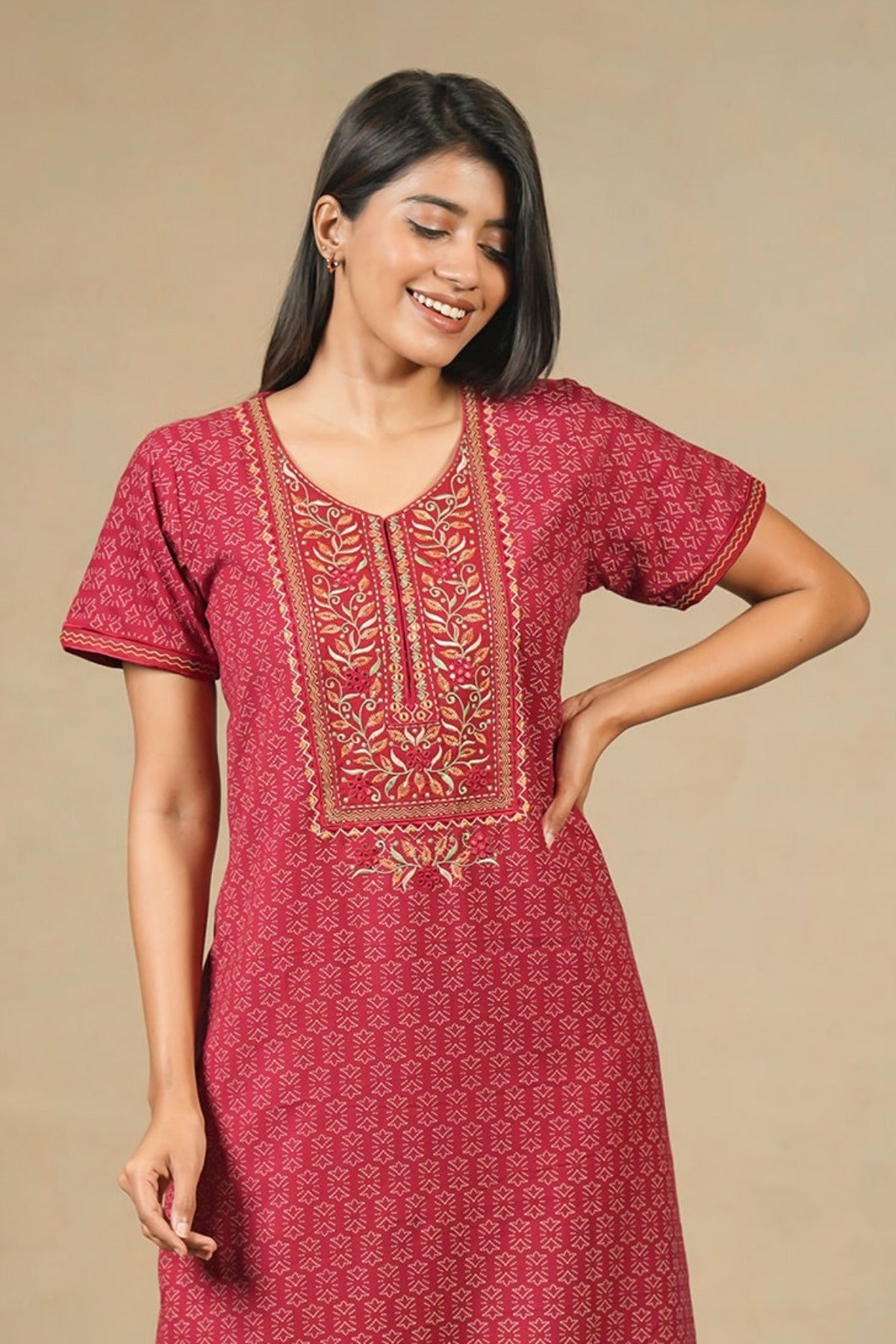 Floral Embroidered Yoke With Allover Geometric Printed Nighty Red