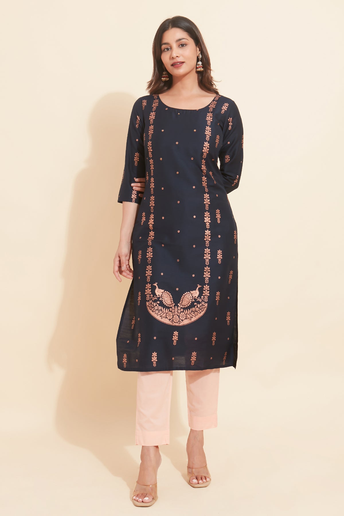 All Over Floral Printed With Stone Embellished  Kurta Blue