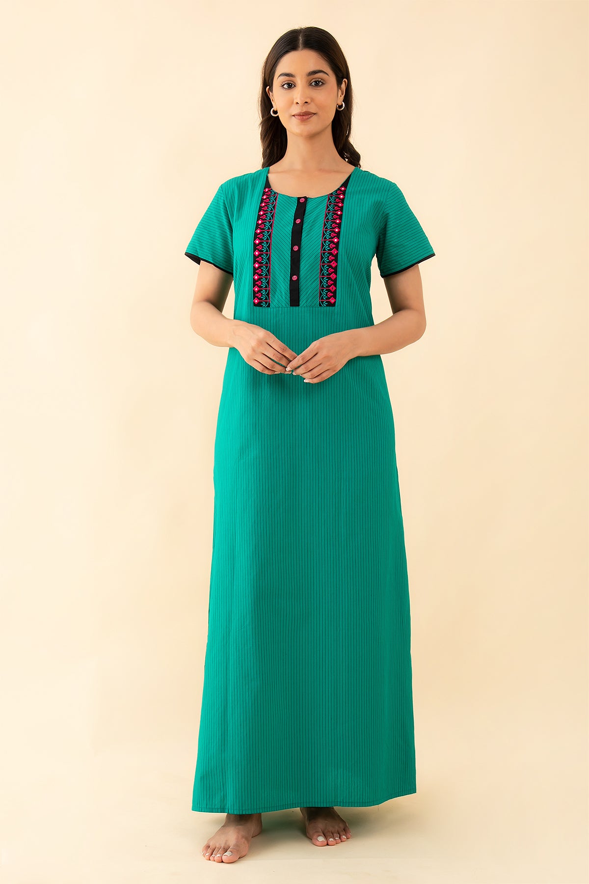 All Over Striped & Geometric Embroidered Yoke Nighty - Green