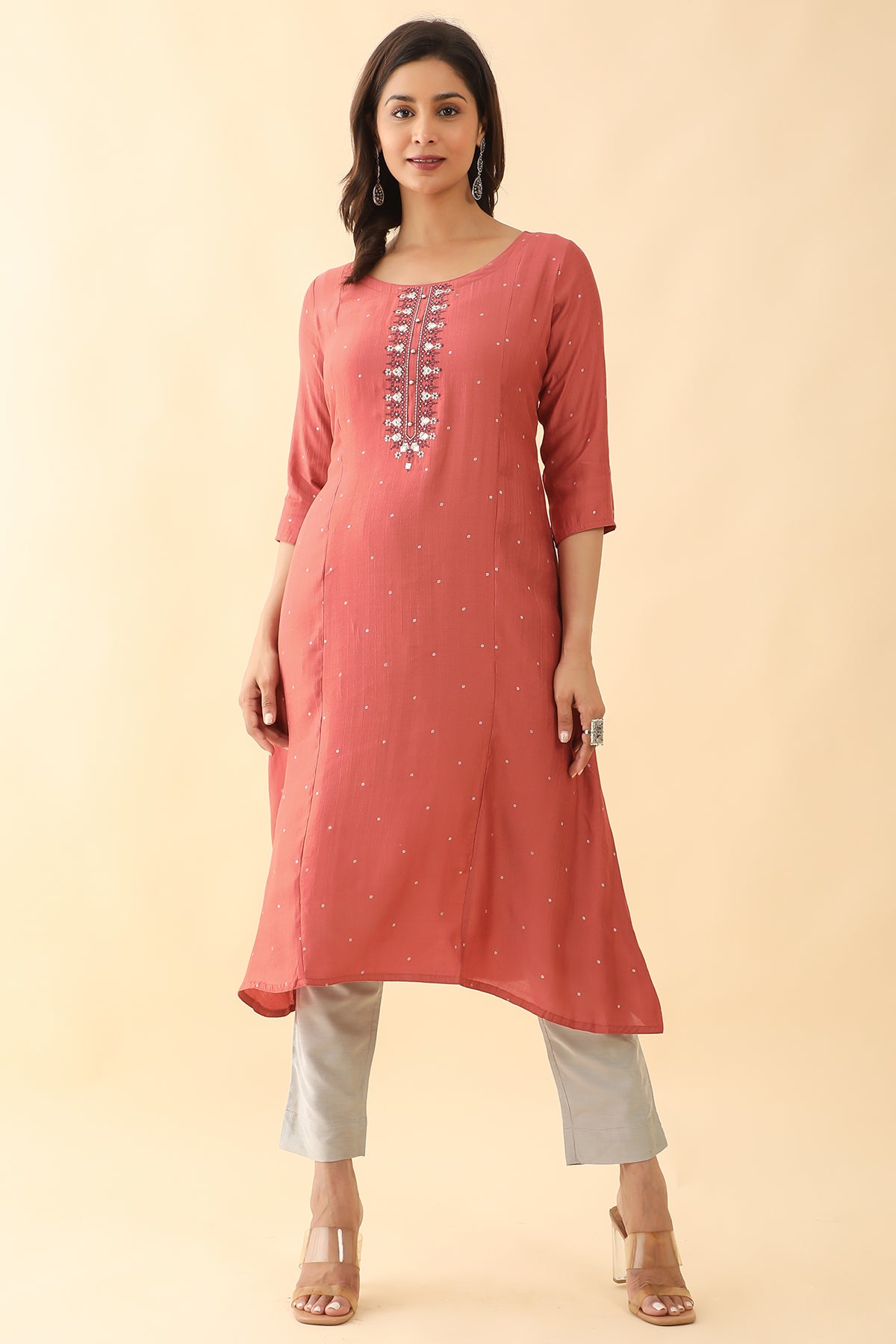 Foil Mirror Embellished With Floral Embroidered A line Kurta Peach