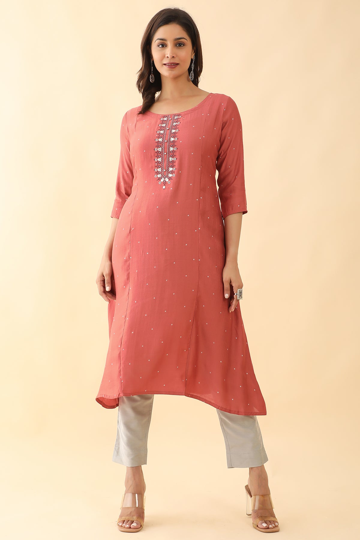 Foil Mirror Embellished With Floral Embroidered A-line Kurta - Peach