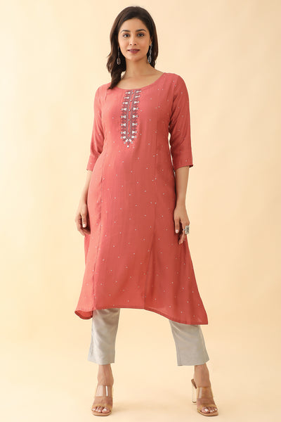 Foil Mirror Embellished With Floral Embroidered A-line Kurta - Peach