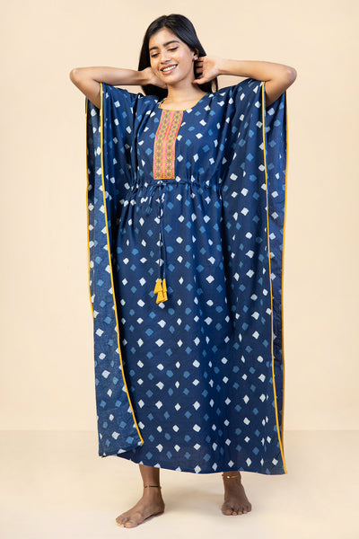 All Over Geometric Printed With Floral Embroidered Yoke Kaftan Nighty Blue